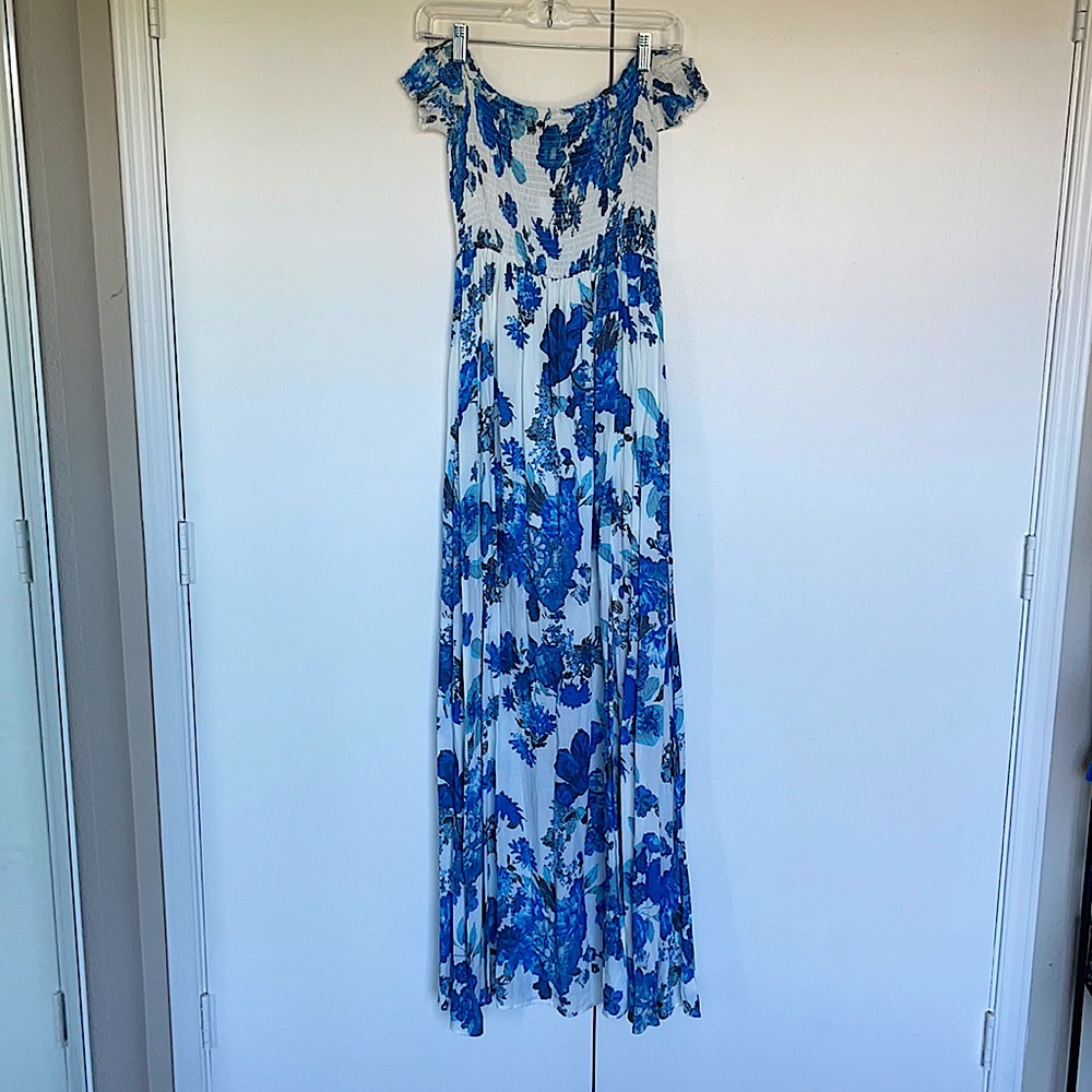 Blue Floral Off the Shoulder Maxi Dress